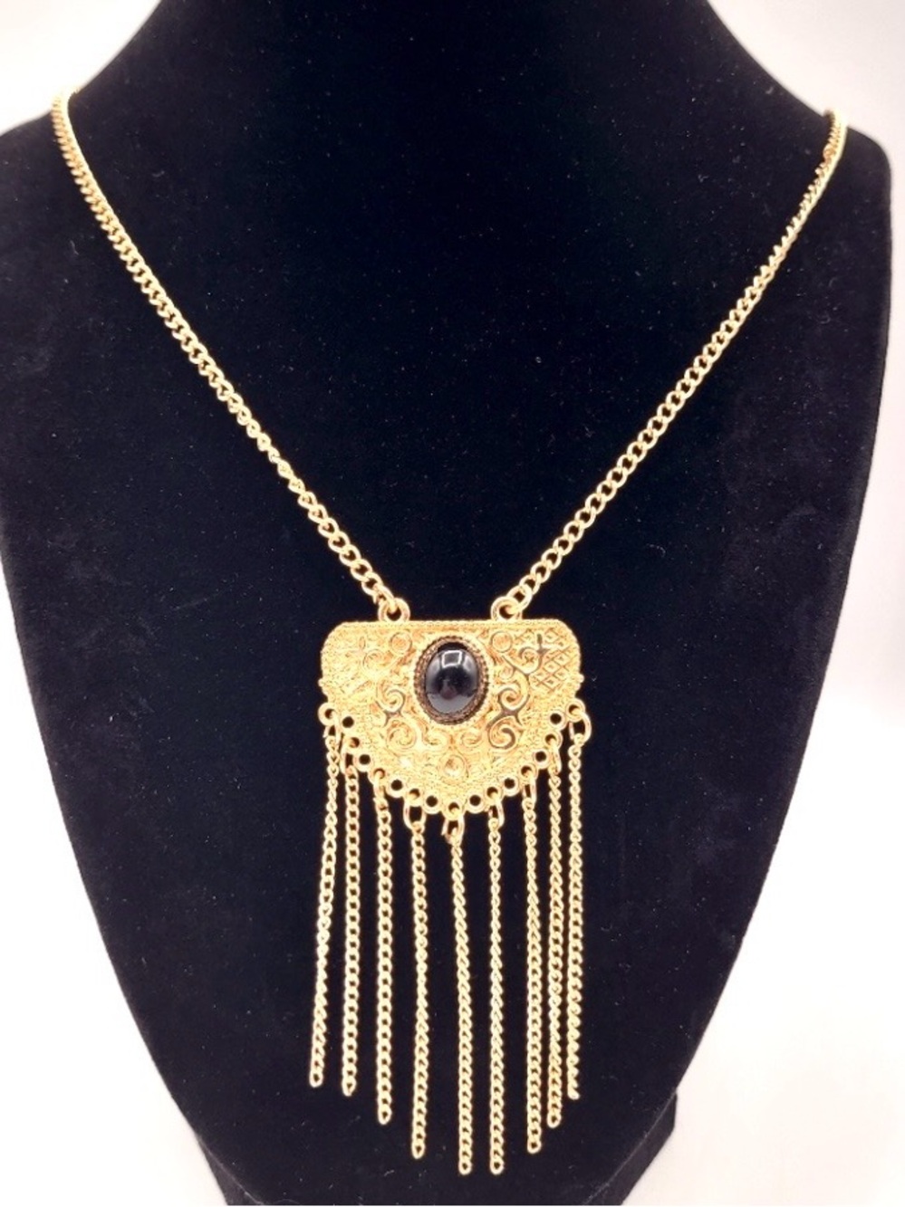 Gold Fringe Pendant Necklace Black Stone Statement Boho